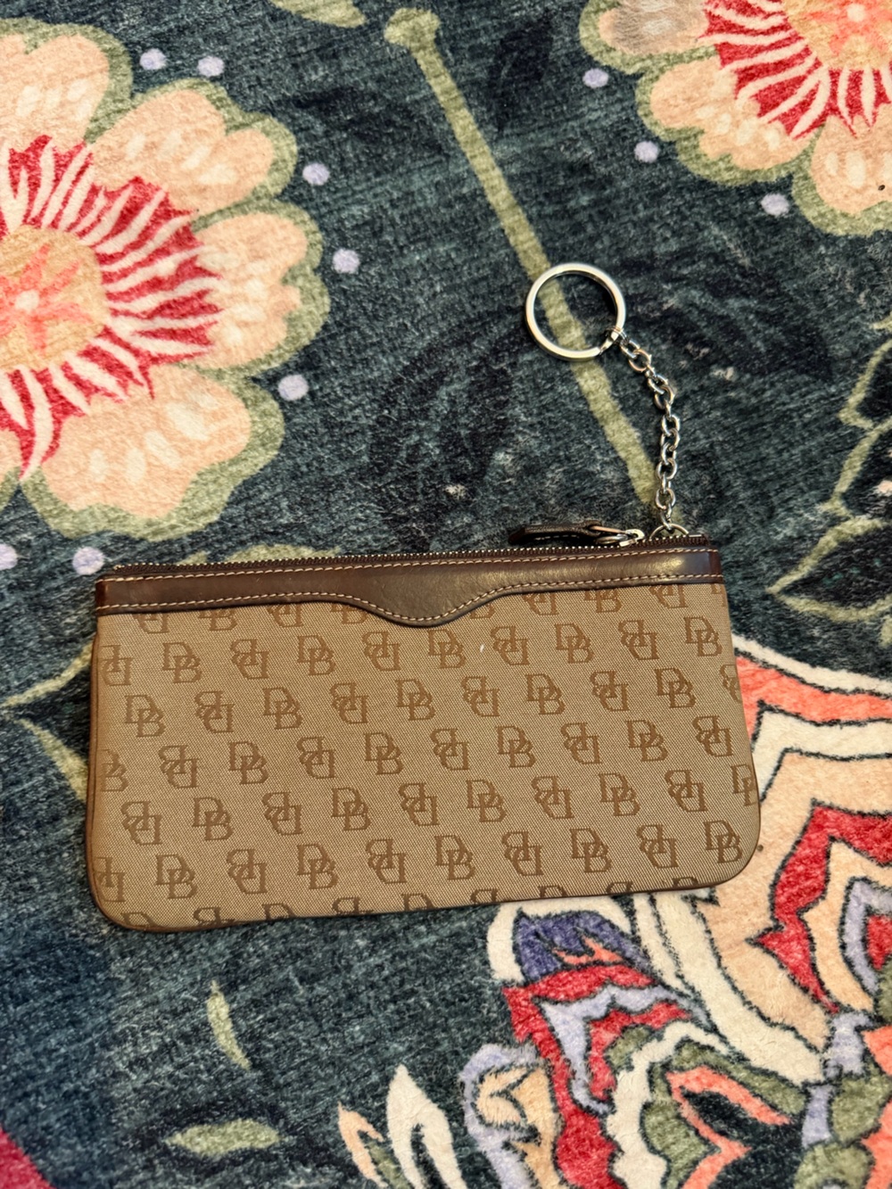 3/$25 Dooney & Bourke Monogram Keychain Wristlet Pouch Brown Tan
